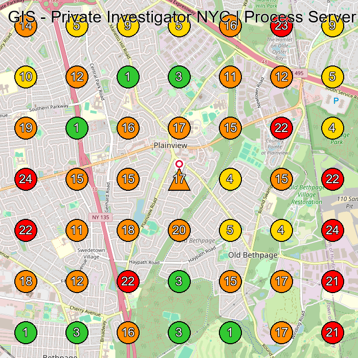 GIS - Private Investigator NYC | Process Server | International Process Server Private Investigator GeoGrid ranking map for Plainview NY